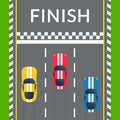 Racing cars crossing the finish line on the rally track. Top view. Car race banner. Vector illustration. Royalty Free Stock Photo
